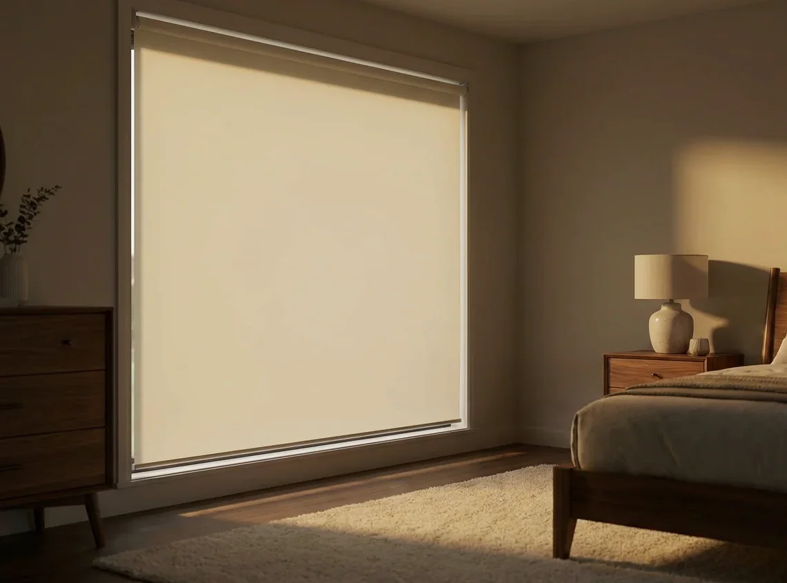 Blockout roller blind lowered over a wide bedroom window