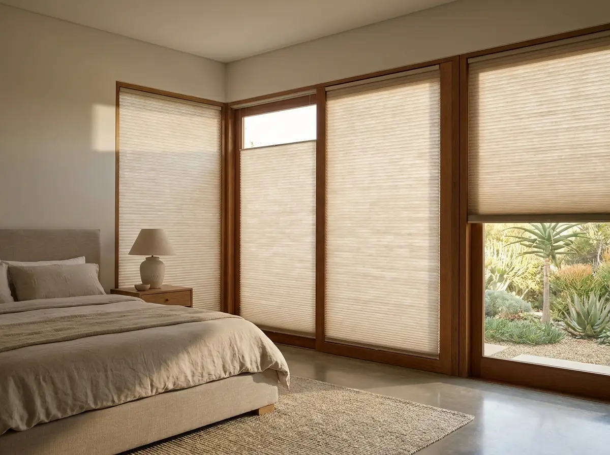 Cellular / honeycomb pleated blinds fitted in an Eldoraigne bedroom