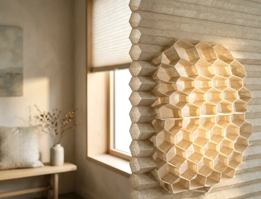 Close-up of the honeycomb air cells in a cellular blind