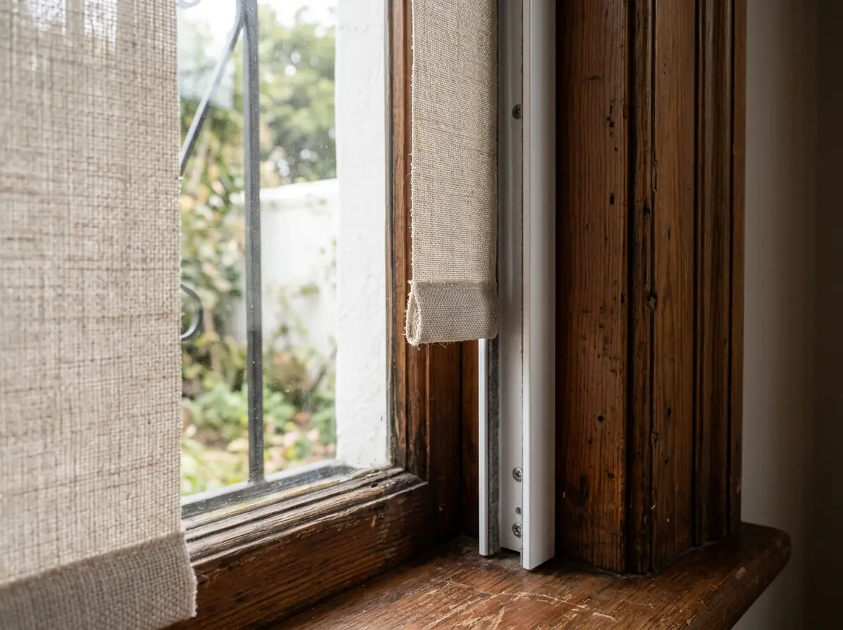 Close-up of a roller blind fabric edge and side-channel guide against a wooden window frame, Irene home