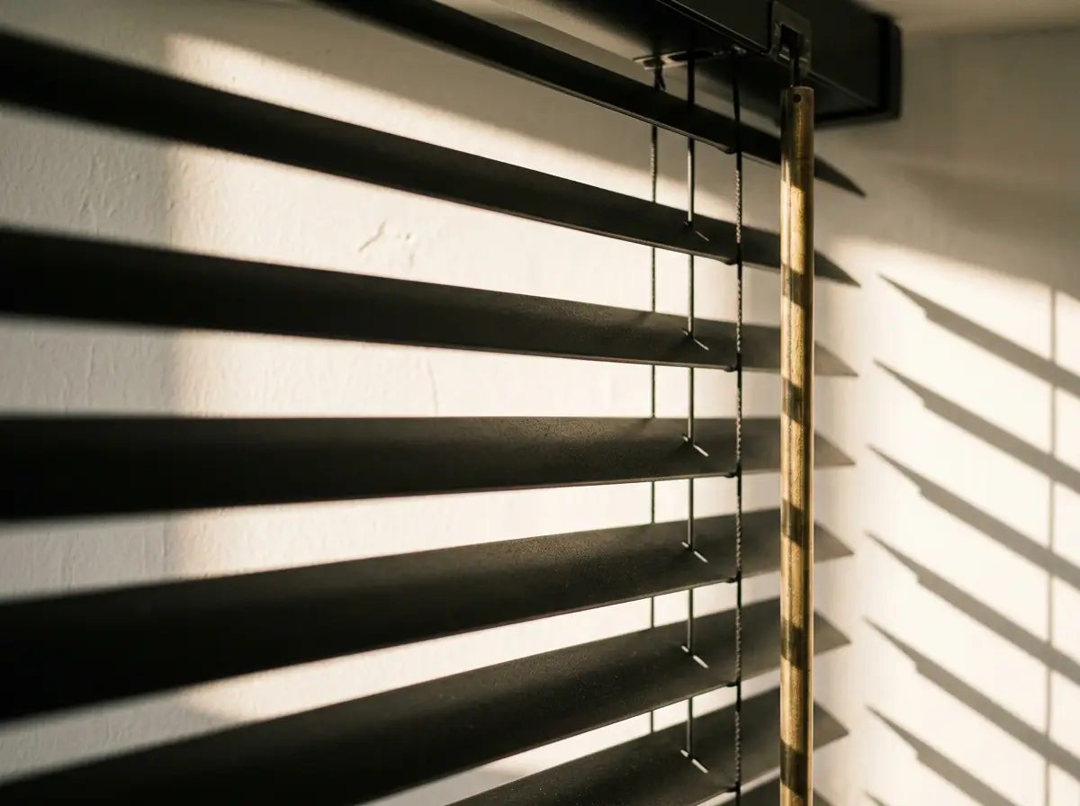 Close-up of dark venetian blind slats and a brass tilt wand