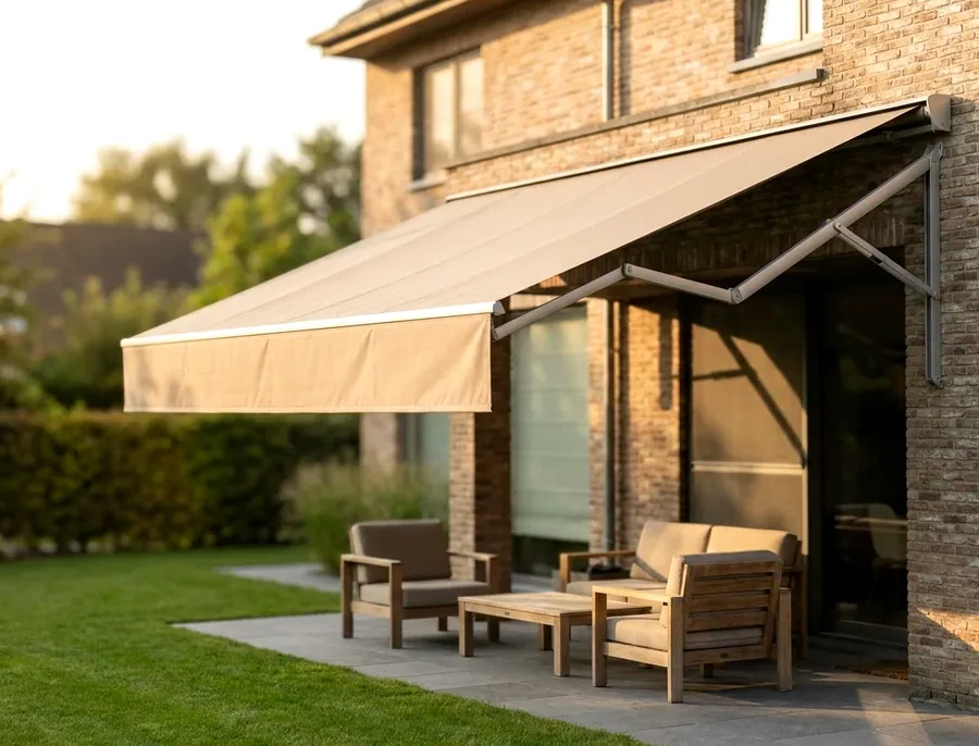 Folding-arm awnings fitted in an Eldoraigne home
