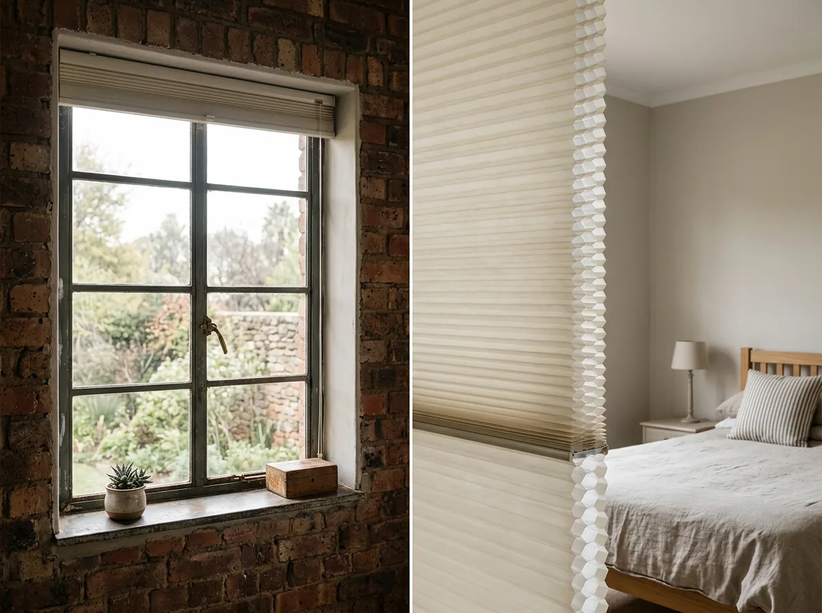 A cellular honeycomb blind lowered inside the deep reveal of an older single-glazed steel-framed Eldoraigne bedroom window, hexagonal cells visible at the edge