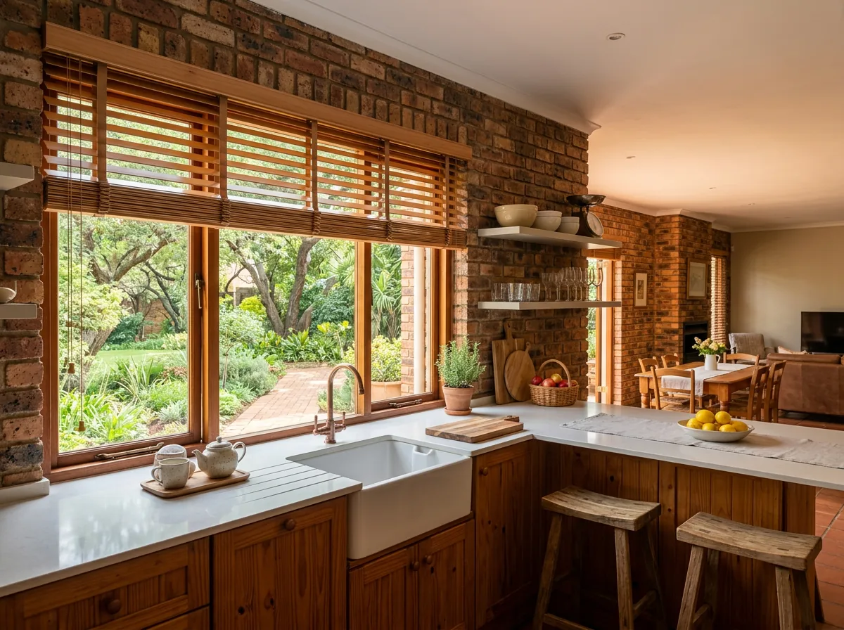 Timber venetian blinds tilted open at an open-plan kitchen window in an older face-brick Eldoraigne home, established garden beyond
