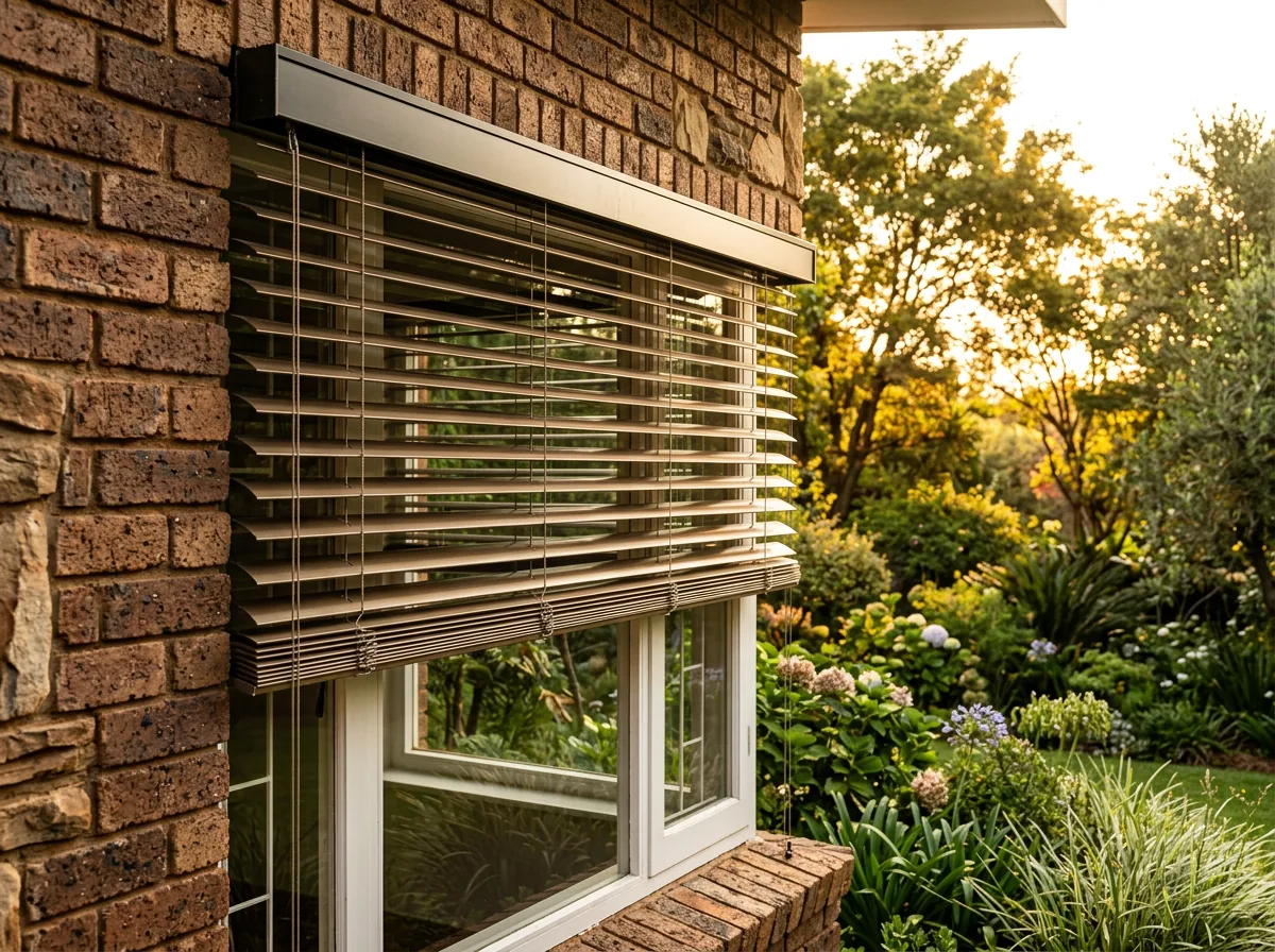 External venetian blinds mounted outside a west-facing face-brick Eldoraigne window, aluminium slats tilted to cut low afternoon sun
