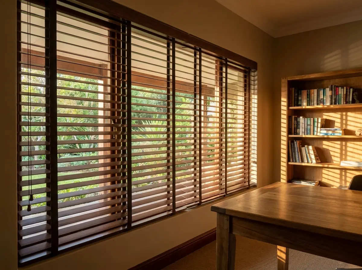 Timber venetian blinds tilted open over a home office window, Eldoraigne home