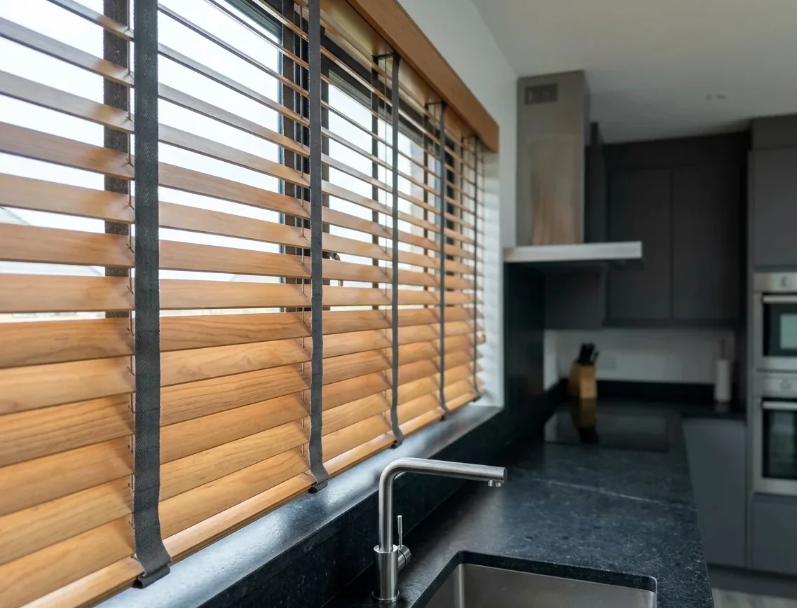 Timber venetian blinds over a kitchen window, Eldoraigne home